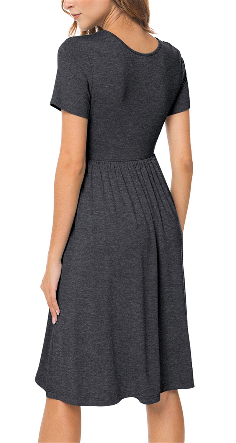 DB MOON Women Summer Casual Short Sleeve Dresses Empire Waist Dress with Pockets (Dark Grey, XL) - Image 2